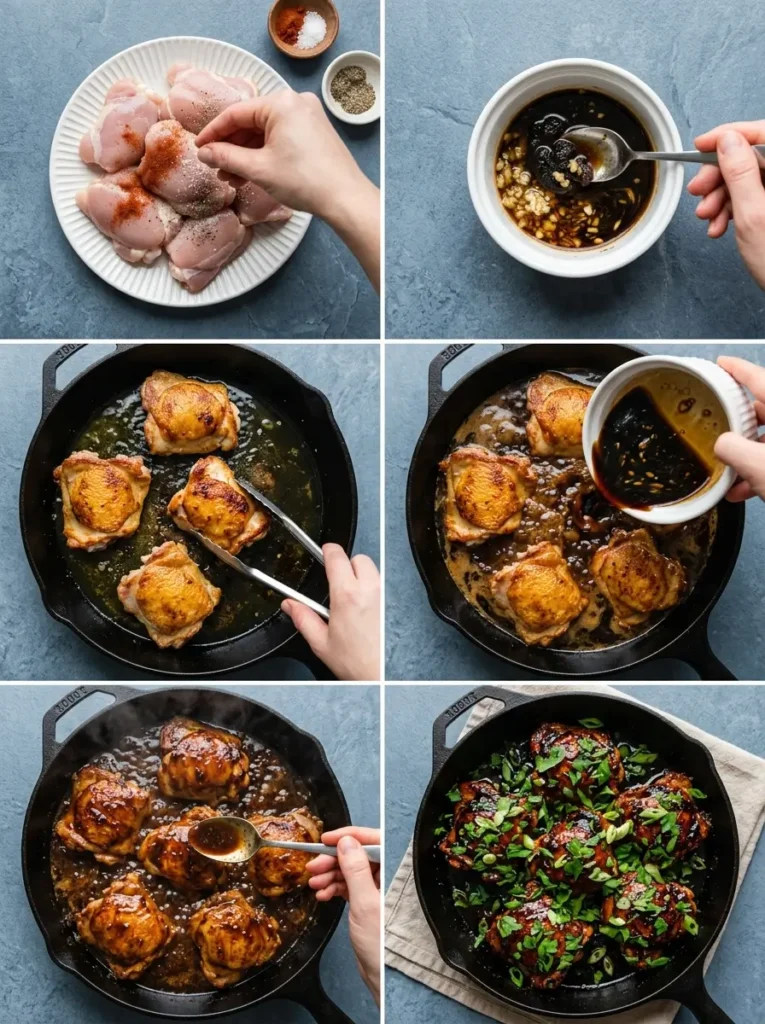 Six steps for black garlic chicken: season chicken, mix black garlic sauce, sear, add sauce, baste and garnish
