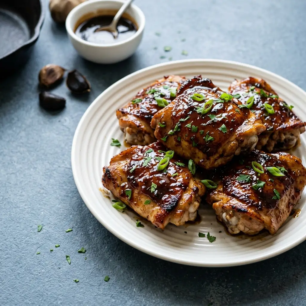 Overhead view of black garlic chicken thighs in a cast iron skillet with sticky honey balsamic sauce